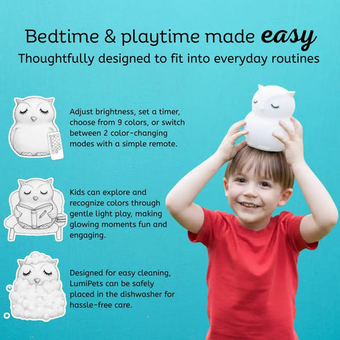 Child holding Kid Friendly Remote Control Owl Night Light For Kids, 9 Soft Color Modes, Sleep Timer, Rechargeable USB Lamp