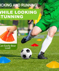 Soccer player using Set Of 25 Multicolor Agility Cones With Carry Bag For Indoor And Outdoor Training For Soccer, Football, And Basketball Drills