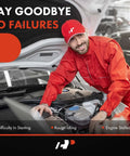 Mechanic in red uniform working on car engine with hood open in a garage setting