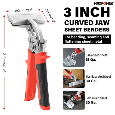 Two Piece Sheet Metal Hand Seamers With Five Blade Pipe Crimper And Three Inch Offset Jaw Bender, ergonomic handle, steel construction
