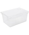 Clear Polycarbonate Food Storage Tote 16.5 Gallon For Restaurant Kitchen Cafeteria BPA Free Durable Tote, side view.