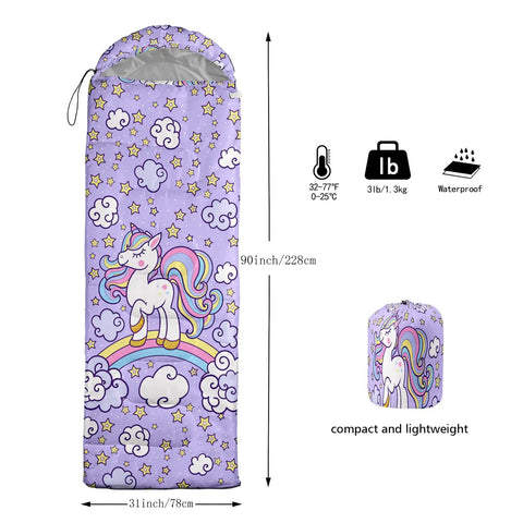Unicorn Themed Kids Sleeping Bag For Girls And Boys Lightweight Warm Cold Weather Outdoor Sack With Waterproof Shell And Compact Compression Sack Ideal For Camping Backpacking Indoor Sleepovers, 90x31 inches with unicorn design