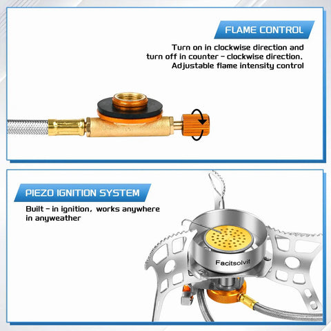 Close-up of 3900W Portable Windproof Camping Stove's flame control and piezo ignition system with text about functions.