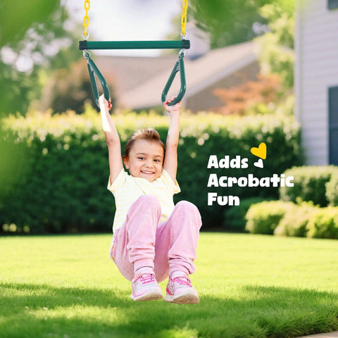 Child enjoying trapeze bar on 9.5 Foot Tall Swing Set For Backyard Setup With Platform Swing And Trapeze Bar Heavy Duty Metal Frame Green And Brown