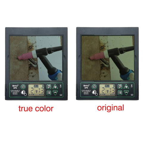 Image showing true color and original color comparison in the Heavy Duty Pro Grade Wide Shade Auto Darkening Welding Helmet With Solar Power DP9 01 5 To 14 Shade Range Large Viewing Window Shade Lock 12.5 SQI Lens TIG MIG MMA Plasma Ready Includes 6 Extra Lens Covers.