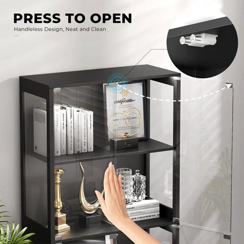 Person opening 4 Tier Glass Display Cabinet With Pop Up Doors And Motion Sensor, Black Curio Display Case for Collectibles