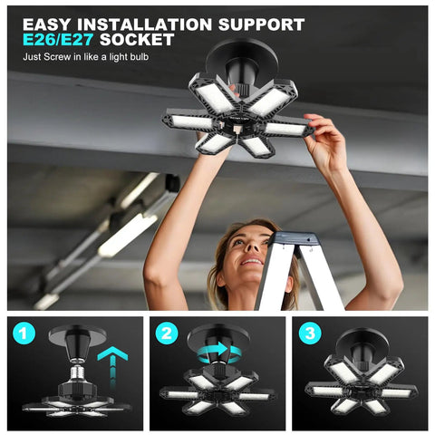 Woman installing 8 Pack Ultra Bright 120W LED Garage Light Bulbs, 12000 Lumens, 6500K Daylight, Screw In E26 E27 Base.