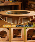 Top Shelf Circle Cutting Jig For Compact And Cordless Routers Featuring Slick Fast Adjustments and Tough As Nails Durability for Ace Woodworkers crafting round table designs.