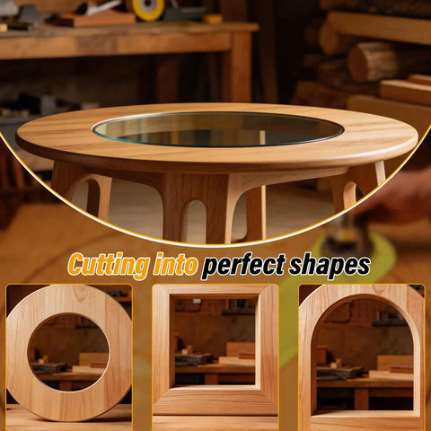 Top Shelf Circle Cutting Jig For Compact And Cordless Routers Featuring Slick Fast Adjustments and Tough As Nails Durability for Ace Woodworkers crafting round table designs.