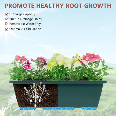 Pretty Cool Set Of Two Deck Railing Planters With No Sweat Hanging System Perfect For Balcony Window Boxes Great Way To Grow Herbs Fresh Greens Or Lovely Flowers In Cramped Spaces Straight Up Effortless 17 inch planter with drainage and flowers.