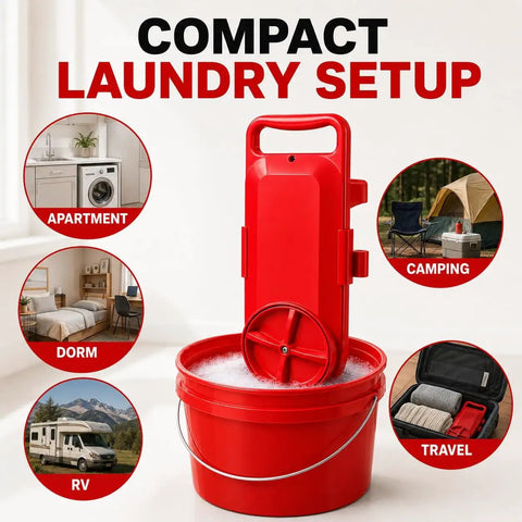 Game Changer Portable Mini Washing Machine With Digital Countdown Timer And Dual Agitator Quick Spin Laundry Soaker in red for compact laundry setup.
