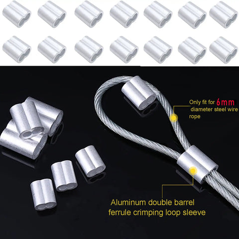 Pack Of 50 Aluminum Crimping Loop Sleeves For One Quarter Inch Wire Rope And Cable, 6mm Diameter, Double Hole Ferrule Crimps on steel wire rope