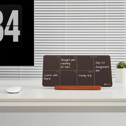 Your Desk Go To Weekly Glass Dry Erase Board With Detachable Wood Stand In Burgundy Red Small Desktop Calendar To Do List Planner Whiteboard 12x6 on office desk.