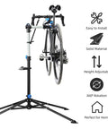 Heavy Duty Bike Repair Stand for Easy Home Maintenance, Height Adjustable and Foldable Bike Work Stand with Tool Tray, Sturdy Steel Construction, supports mountain and road bikes up to 44 lbs, shown with bicycle attached.