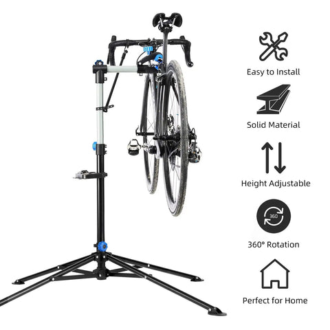 Heavy Duty Bike Repair Stand for Easy Home Maintenance, Height Adjustable and Foldable Bike Work Stand with Tool Tray, Sturdy Steel Construction, supports mountain and road bikes up to 44 lbs, shown with bicycle attached.