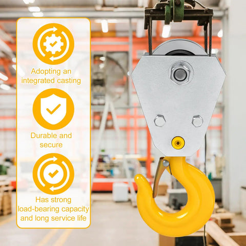 4 Pack 1 Ton Swivel Pulley Hook Heavy Duty Snatch Block Set With 360 Degree Rotation And Dual Bearings For Five Eighths Inch Wire Rope Hoisting And Construction Lifts, yellow hook