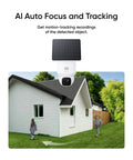 Outdoor Wireless Security Camera Kit With 2K Clarity, 360° Pan, AI Tracking, Solar Powered, mounted on side of white house