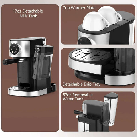 Barista-Grade 3-In-1 20 Bar Espresso Machine for Home Use with dual boiler, automatic milk frother, and 57oz water tank