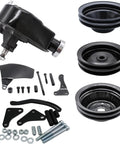 Hot Swap Power Steering Pump Setup For Classic Small Block Chevy V8 Engines Like The 305 And 350 Comes With Heavy Duty Long Water Pump Plus Crankshaft Pulley And Full Bracket Kit To Spice Up Your Old School Ride Today black steel pulley and bracket kit