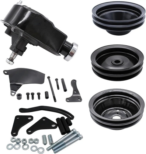 Hot Swap Power Steering Pump Setup For Classic Small Block Chevy V8 Engines Like The 305 And 350 Comes With Heavy Duty Long Water Pump Plus Crankshaft Pulley And Full Bracket Kit To Spice Up Your Old School Ride Today black steel pulley and bracket kit