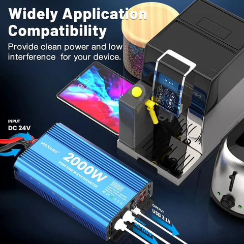 2000 Watt Pure Sine Wave Power Inverter For Home RV Off Grid Solar Systems with devices connected, USB and AC outlets shown