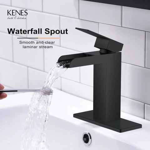 Dope Matte Black Waterfall Bathroom Faucet With Single Handle And Escutcheons Pop Up Drain Stopper Lead Free Water Supply Lines Ceramic Valve Core For Smooth Drip Free Flow Modern Black Sink Faucet For Vanity Model LJ-9035-2 in use.