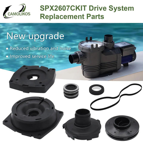 Drivetrain Upgrade Kit for 1-HP Pool Pumps SPX2607CKIT Replacement parts including seal plate, gaskets, and pump seal.