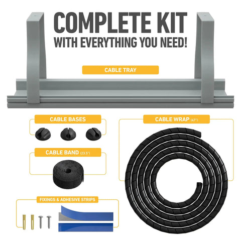 Under Desk Cable Management Kit with tray, spiral wrap, cable band, clips, and fixings, simple install, clutter-free workspace.