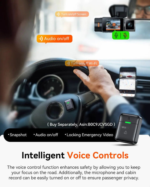 Driver using Dual Dash Cam For Your Ride With 5G WiFi Front 2.7K And Interior 1080P showing voice control features.