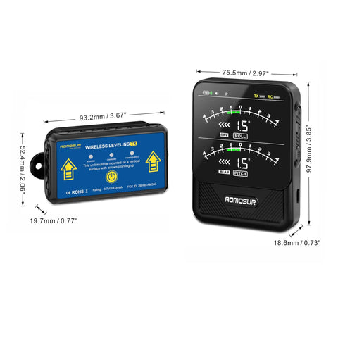 Wireless RV Leveling System for Campers With Real Time Lag Free Readings From Driver Seat 150 Ft Range Dedicated Display No App Needed Easy Magnetic Mount Setup Stay Level on Every Trip. wireless level sensor and display with dimensions shown
