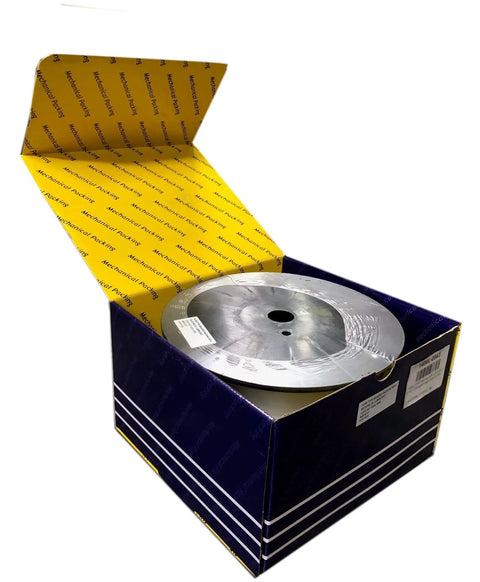 Minseal 1200 graphitized PTFE braided packing 1/8 in x 8 ft, in blue Amazon box with yellow interior.