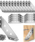 20 Pcs Stainless Steel Corner Connectors And Triangle Brackets For Wood Furniture Shelves Cabinets And Desks Includes Screws Heavy Duty Metal Brackets For Tables And Chairs With Wobble Free Low Profile Mounts For Strong Frame Support showing arranged brackets and screws