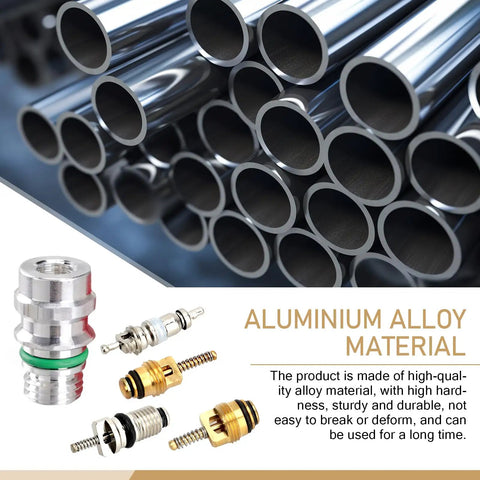 16 Piece Car AC Valve Core Repair Kit For R134a R12 Systems With High And Low Pressure Sealing Caps And Disassembly Tool Universal Fit For Cars Black And Durable showcasing aluminium alloy material and valve cores.