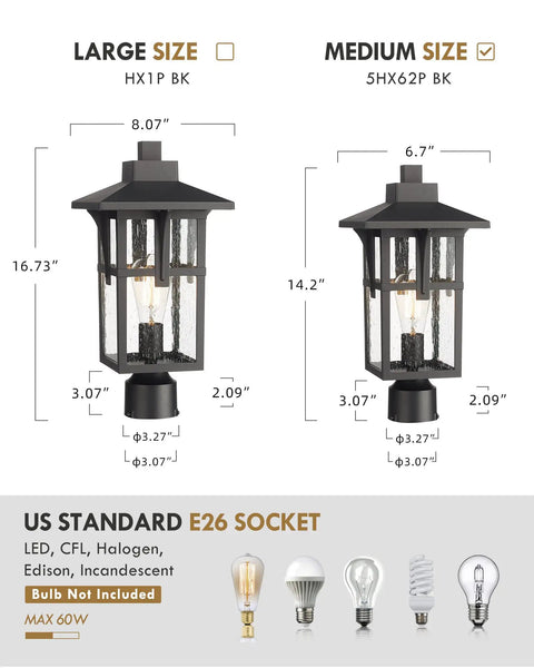 Outdoor Post Lights Two Pack Built To Last Industrial Style Exterior Pillar Lamps in two sizes, matte black finish, seeded glass.