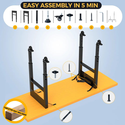 Adjustable 28-47 Inch Workbench Legs With Power Strip And Built Tough Heavy-Duty Metal Table Frame, shown unassembled on tabletop