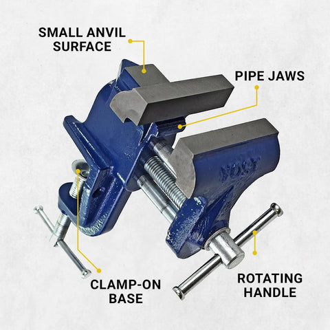 COV-3 Clamp On Vise With Three Inch Jaw Width Portable Gray Iron Casting Blue Finish Sturdy Steel Screw And Guide Rods Clamps Up To Three Eighths Inch Deep Pipes Perfect For Your Home Shop And On The Go showing clamp-on base and rotating handle