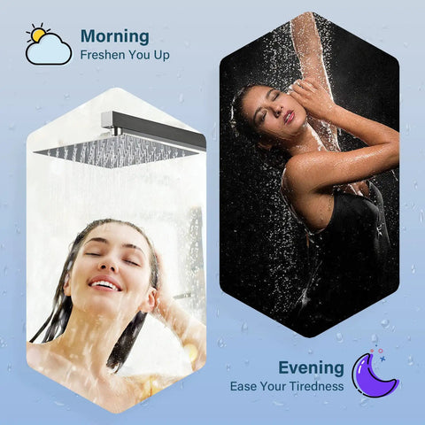 10 Inch Shower System With Rain Shower Head Handheld Spray And Tub Spout Thermostatic Fixtures With Brass Valve Brushed Nickel Wall Mounted For A Top Notch Bathroom Renovation showing morning and evening shower use.