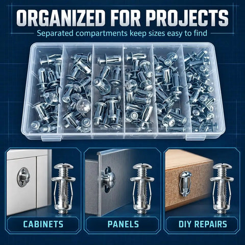30 Piece Button Head Locking Nuts And Rivet Fastener Kit Featuring M4 M5 M6 M8 Sizes With Drop Dead Secure Petal Expansion Design for organized projects in a compartment box.