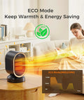 Indoor Space Heater 1500W Ceramic PTC With Thermostat And 24Hour Timer in living room, ECO mode displaying efficiency graph