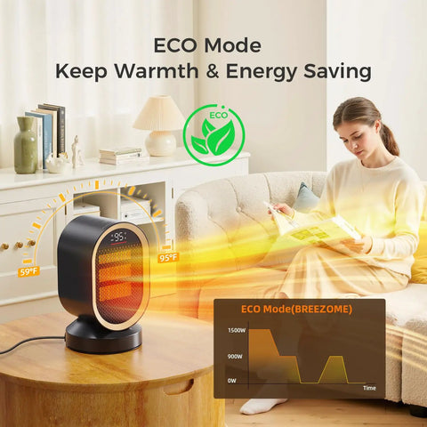 Indoor Space Heater 1500W Ceramic PTC With Thermostat And 24Hour Timer in living room, ECO mode displaying efficiency graph