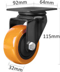 Built Like A Tank Three Inch Swivel Caster Wheels Set Of Four Heavy Duty Polyurethane Treads For Workbenches And Shop Gear Rolls Like Butter Dual Ball Bearings Orange Edition mounted on black bracket, showing dimensions.