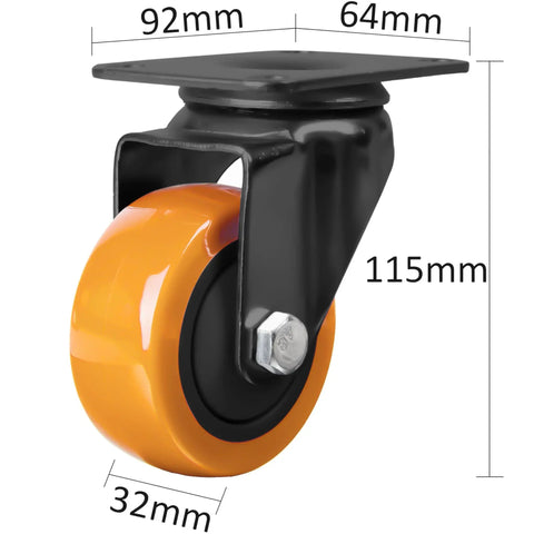 Built Like A Tank Three Inch Swivel Caster Wheels Set Of Four Heavy Duty Polyurethane Treads For Workbenches And Shop Gear Rolls Like Butter Dual Ball Bearings Orange Edition mounted on black bracket, showing dimensions.