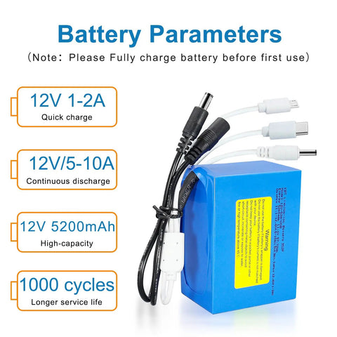 Go-To 12V 5200mAh Rechargeable Lithium Battery Pack With Charger And DC5521 Connector, USB and DC cables shown