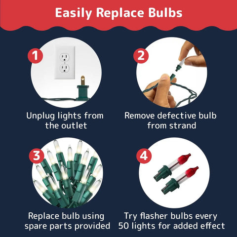 Instructional graphic showing bulb replacement steps for Clear 300 Count Christmas String Lights On Green Wire, 60 Ft Warm White Indoor Outdoor Use, Incandescent Holiday Lights For Xmas Trees, Patios And Fences, Includes Spares And Fuses.