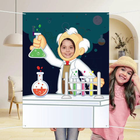 Child posing with Science Party Banner For Pretend Play Let Kids Channel Their Inner Mad Scientist Backdrop Decor Chemistry Theme