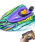 Kids Remote Control Boat With Removable Inflatable Bumper Rechargeable Battery USB Charging Pool Ready Water Toy For Ages Eight To Twelve Purple Color Ideal Summer Gift in action on water with remote control.