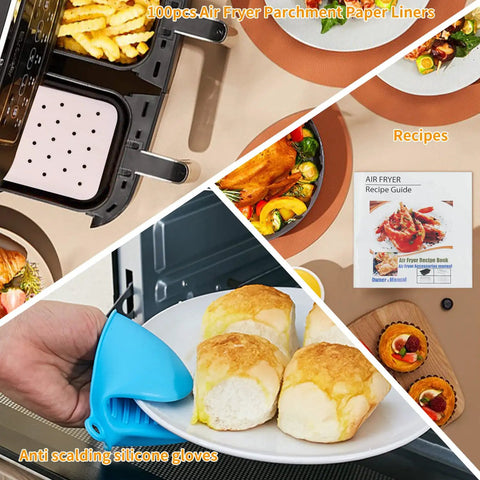 Dual Zone Air Fryer Accessories Must Have Set With 15 Pieces And 100 Liners, shown with silicone mitts and recipe guide