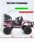 Side view of pink 24V Ride On Car For Kids With Remote Control And LED Lights, showing speed variations and soft start technology.