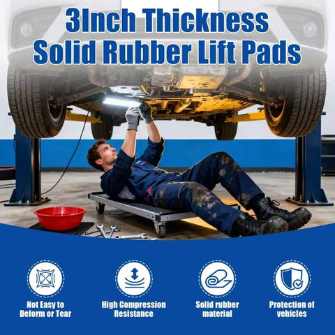 Mechanic using 4 Pack Solid Rubber Auto Lift Pads For 3000 Lb Heavy Duty Jack Stands Anti Slip Lift Blocks For 2 Post And 4 Post Car Lifts.