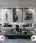 Living room with modern sofas, art on walls, illuminated by 4 Inch Slim Recessed LED Ceiling Lights With Junction Box 9W 800 Lumen 5000K Daylight CRI90 Dimmable Aluminum Housing Energy Star ETL FCC Pack Of 6 Ideal For Kitchen Hallway Living Room Bathroom No Fuss Install.
